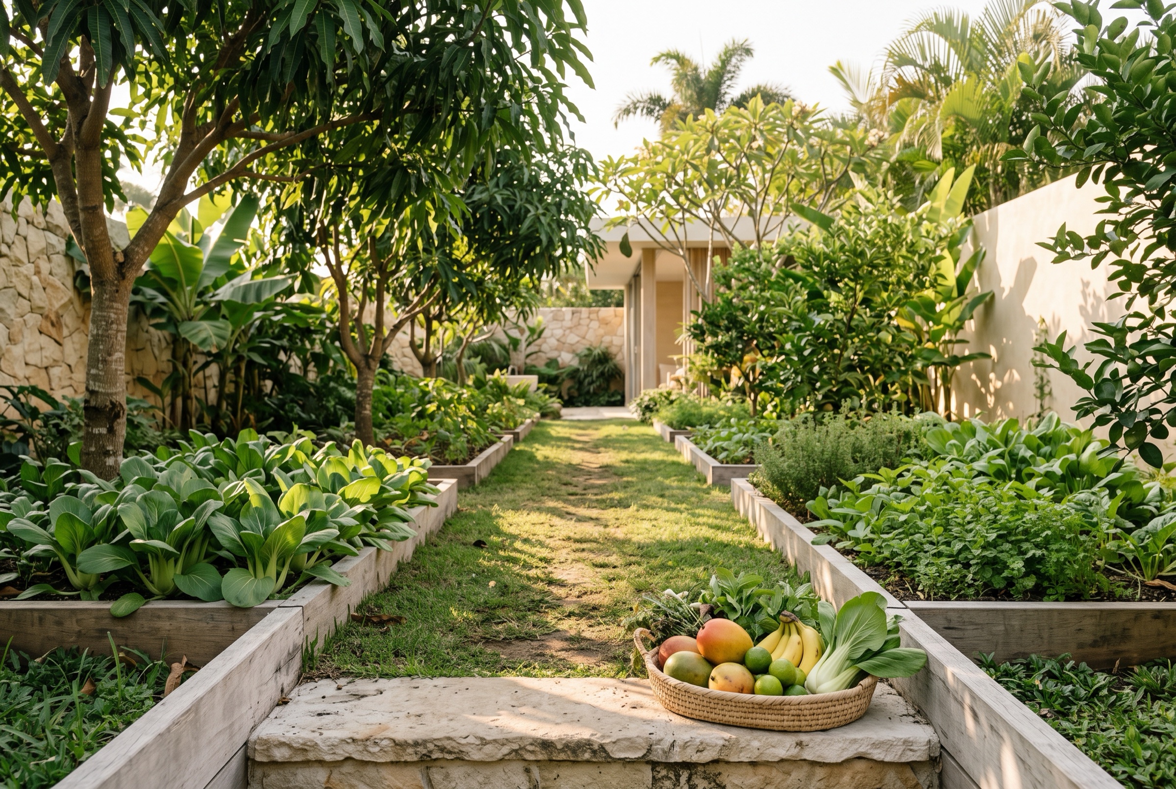 A grass path between raised kitchen garden beds, with a basket of mangoes, bananas and limes on a stone step