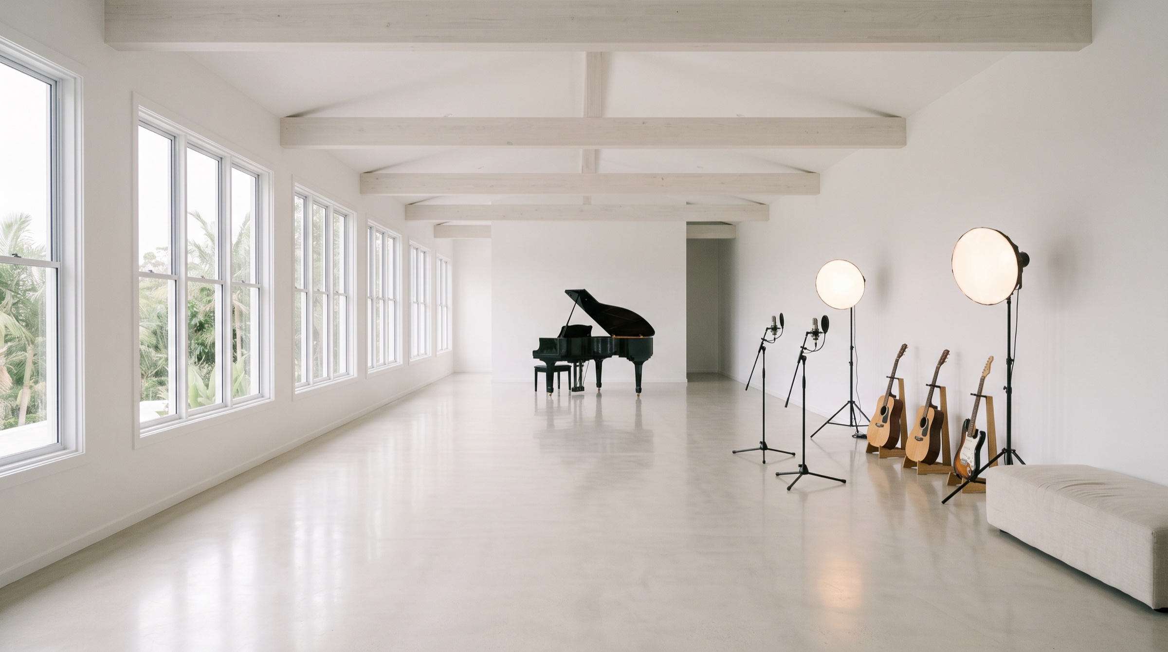 The white studio with a black baby grand piano